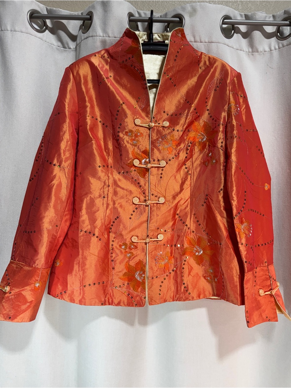 BTS® Women’s Orange Floral Embroidered Sequin Toggle Lined Jacket, XXXL